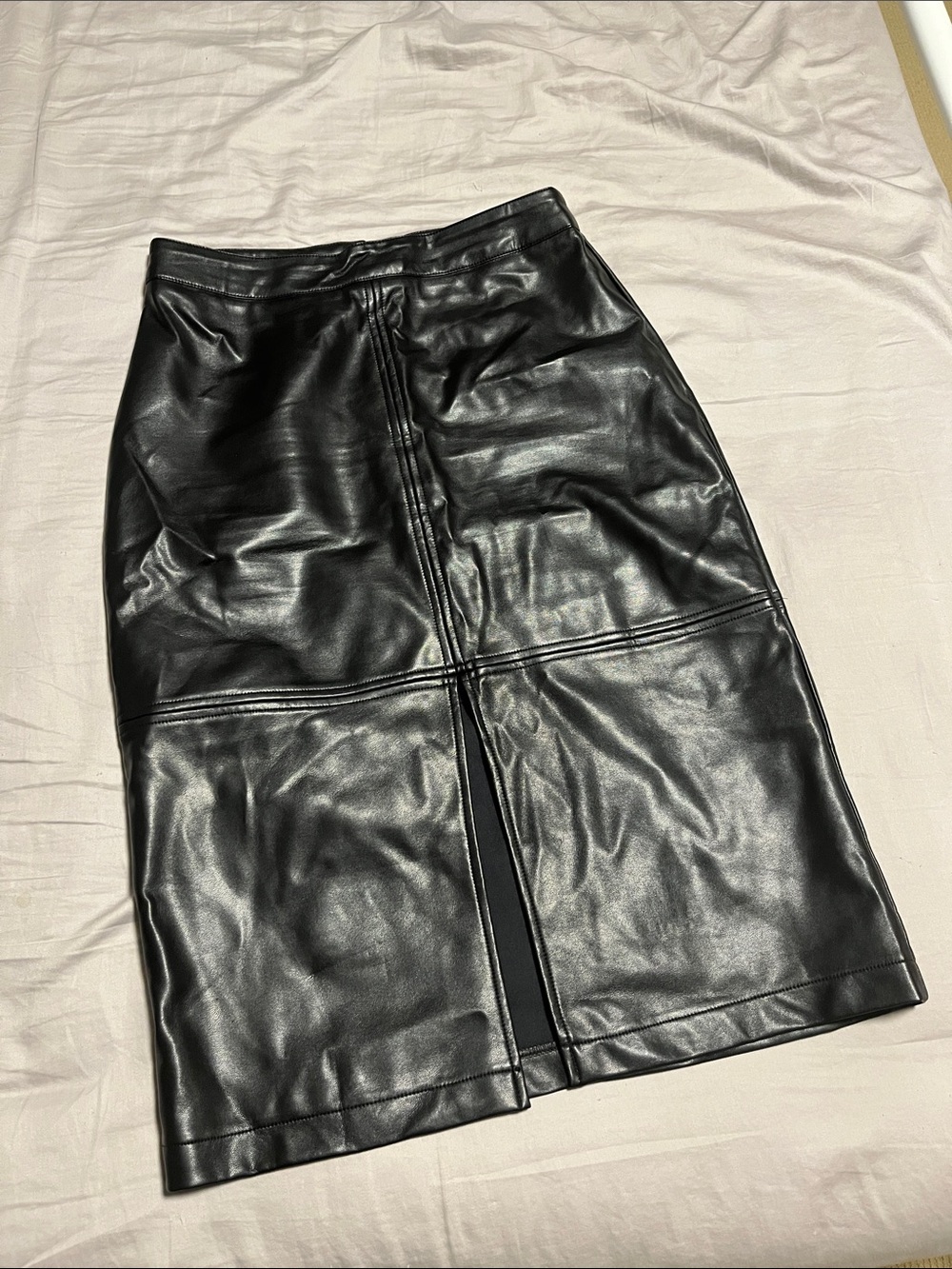 Sleek Black Faux Leather Pencil Skirt with Front Slit